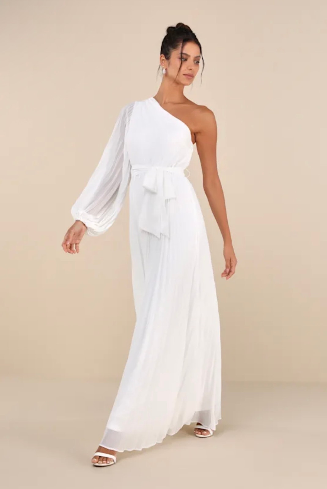 Lulus Divine Charm White Pleated One-Shoulder Maxi Dress Read L